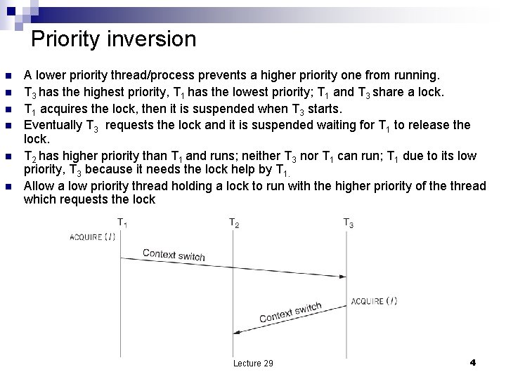 Priority inversion n n n A lower priority thread/process prevents a higher priority one