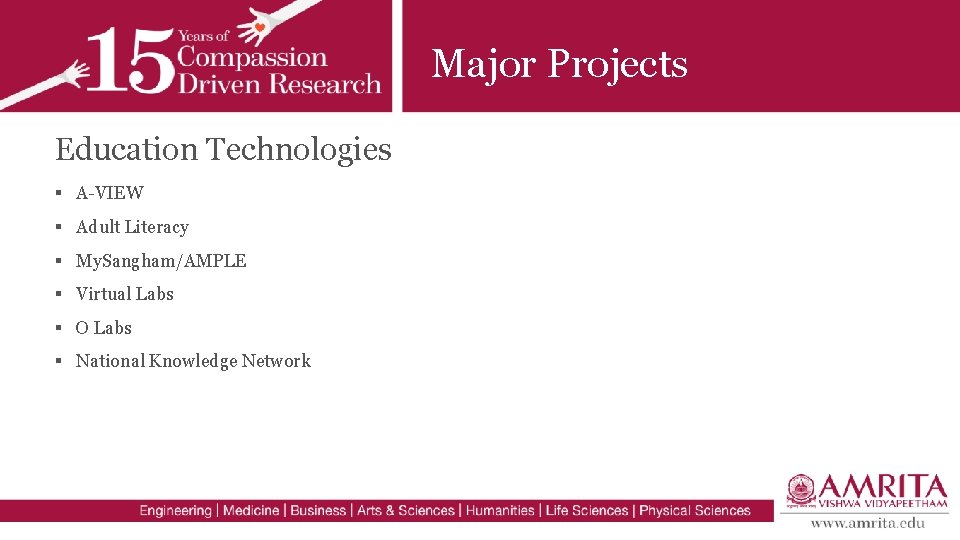 Major Projects Education Technologies § A-VIEW § Adult Literacy § My. Sangham/AMPLE § Virtual