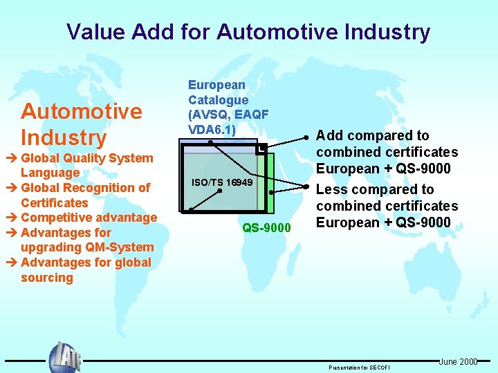 Value Add for Automotive Industry è Global Quality System Language è Global Recognition of