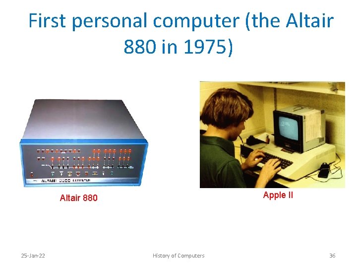 First personal computer (the Altair 880 in 1975) Apple II Altair 880 25 -Jan-22
