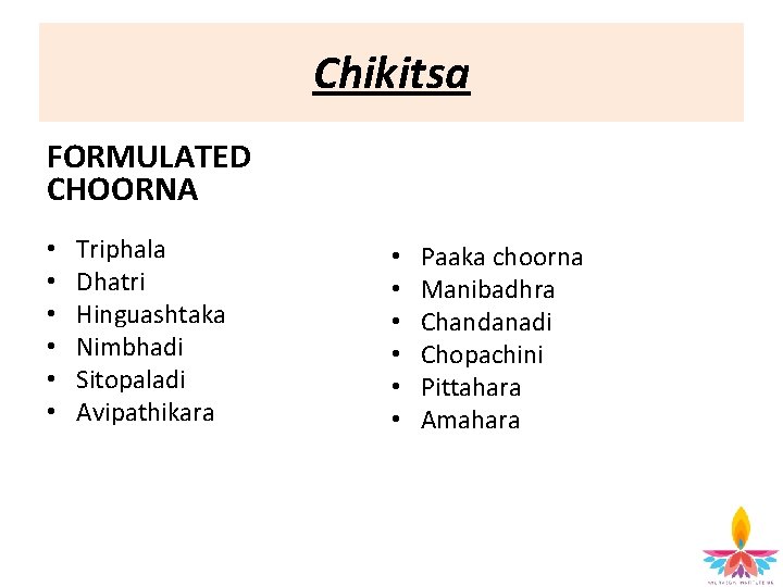 Chikitsa FORMULATED CHOORNA • • • Triphala Dhatri Hinguashtaka Nimbhadi Sitopaladi Avipathikara • •