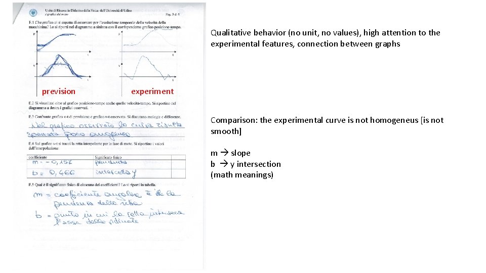 Qualitative behavior (no unit, no values), high attention to the experimental features, connection between