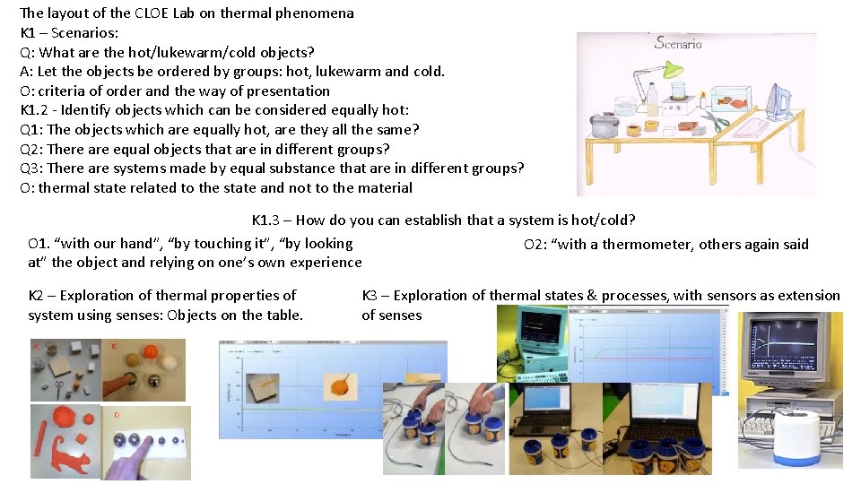 The layout of the CLOE Lab on thermal phenomena K 1 – Scenarios: Q: