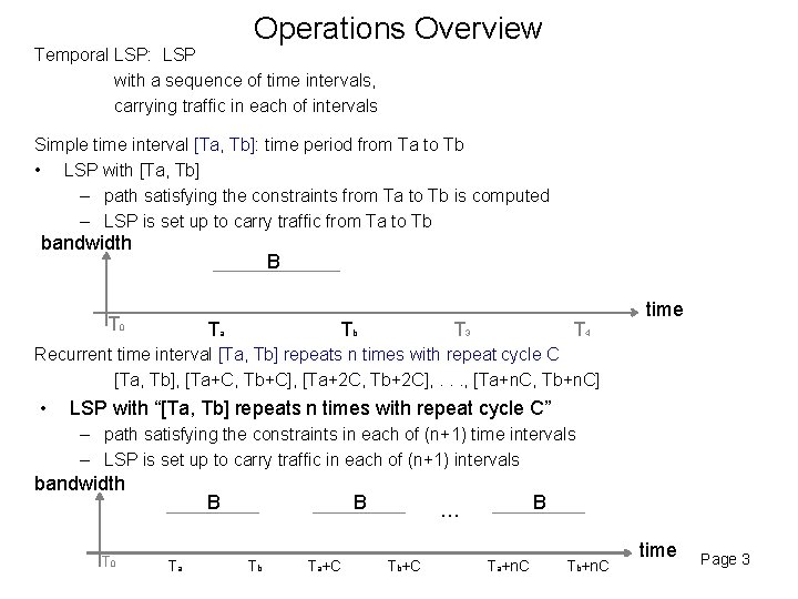 Operations Overview Temporal LSP: LSP with a sequence of time intervals, carrying traffic in