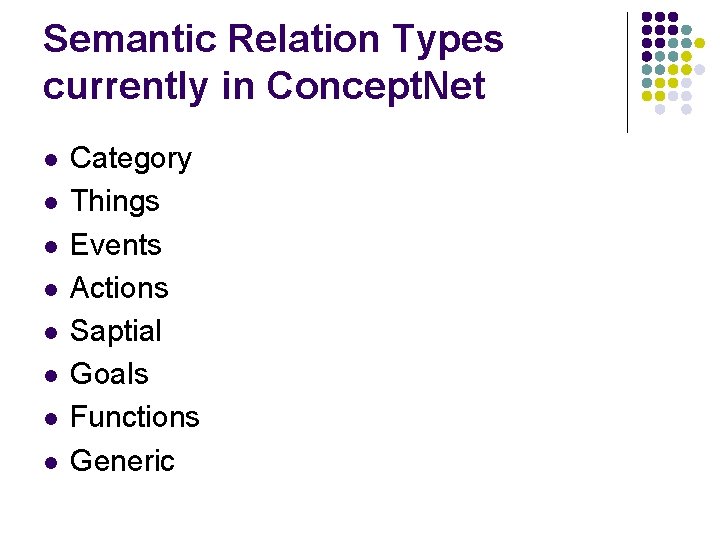 Semantic Relation Types currently in Concept. Net l l l l Category Things Events