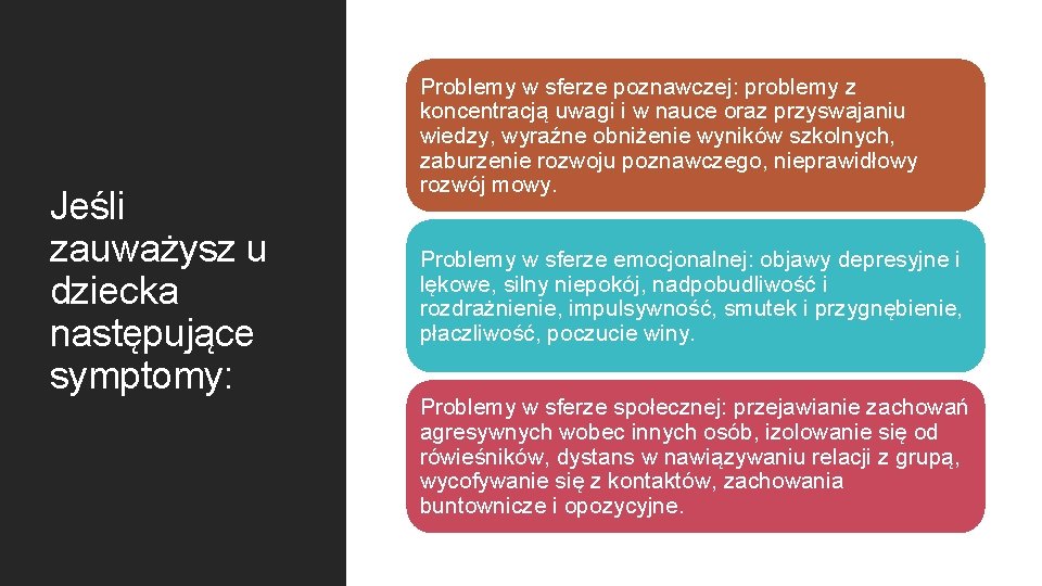 Jeśli zauważysz u dziecka następujące symptomy: Problemy w sferze poznawczej: problemy z koncentracją uwagi