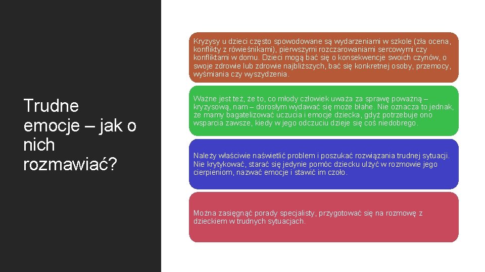 Kryzysy u dzieci często spowodowane są wydarzeniami w szkole (zła ocena, konflikty z rówieśnikami),