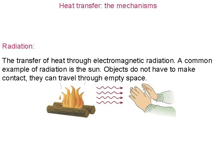 Heat transfer: the mechanisms Radiation: The transfer of heat through electromagnetic radiation. A common