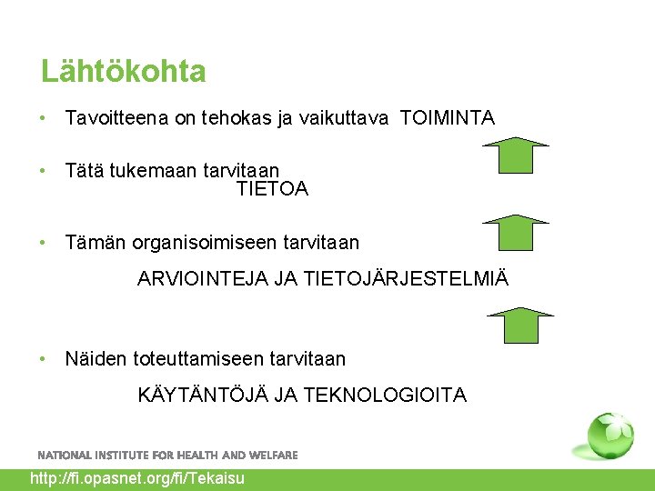 Lähtökohta • Tavoitteena on tehokas ja vaikuttava TOIMINTA • Tätä tukemaan tarvitaan TIETOA •