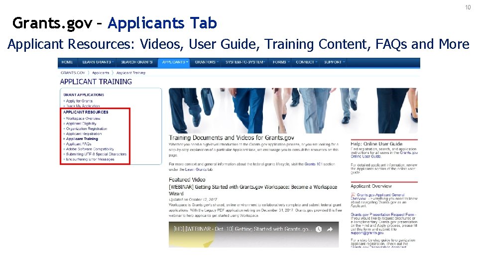 10 Grants. gov – Applicants Tab Applicant Resources: Videos, User Guide, Training Content, FAQs