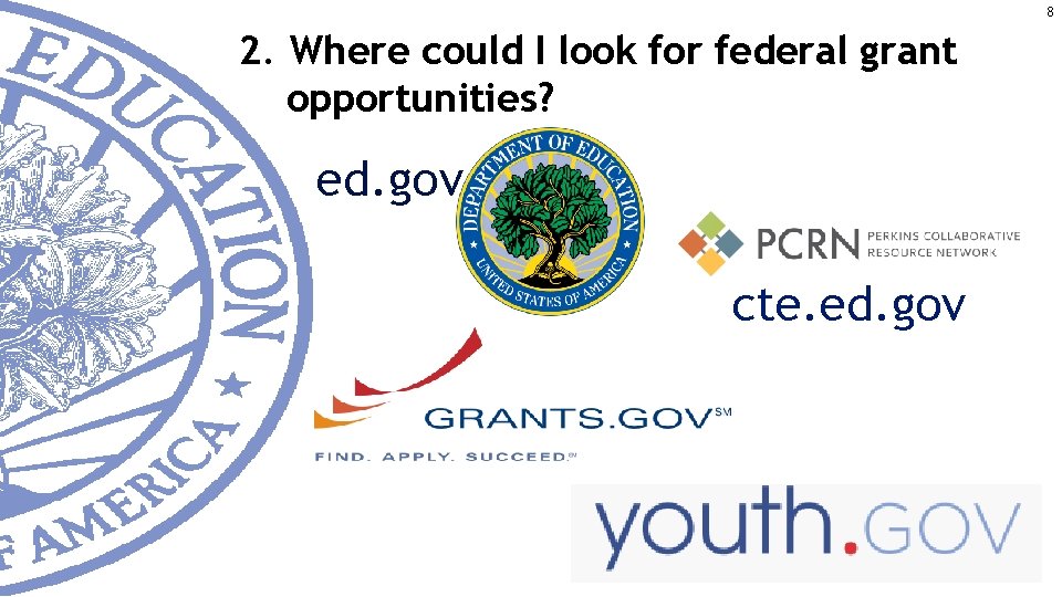 8 2. Where could I look for federal grant opportunities? ed. gov cte. ed.