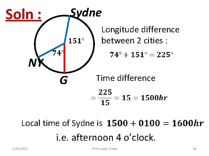 Soln : Sydne Longitude difference between 2 cities : NY G Time difference Local