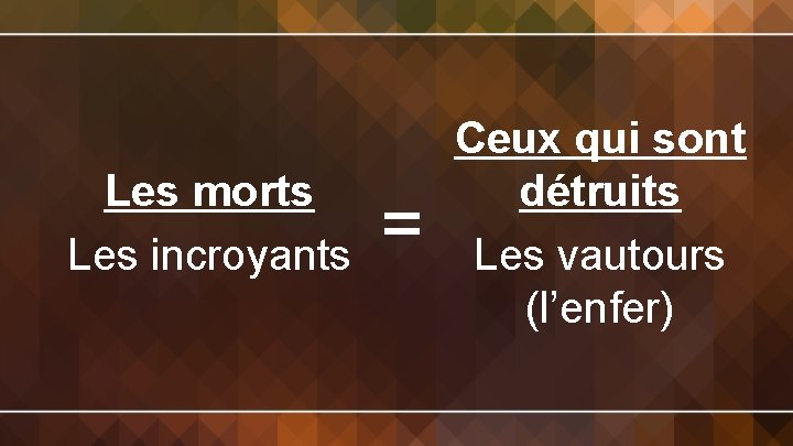 Les morts Les incroyants = Ceux qui sont détruits Les vautours (l’enfer) 