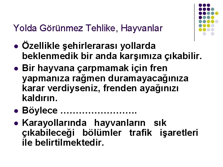 Yolda Görünmez Tehlike, Hayvanlar l l Özellikle şehirlerarası yollarda beklenmedik bir anda karşımıza çıkabilir.