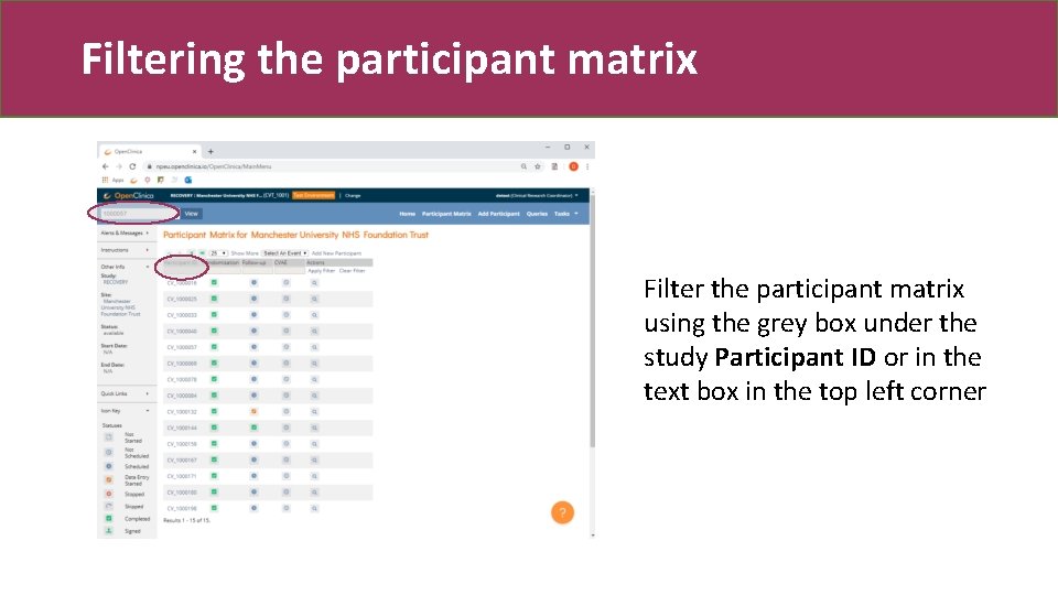 Filtering the participant matrix Filter the participant matrix using the grey box under the