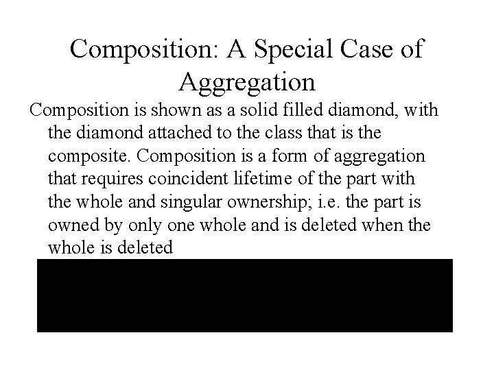 Composition: A Special Case of Aggregation Composition is shown as a solid filled diamond,