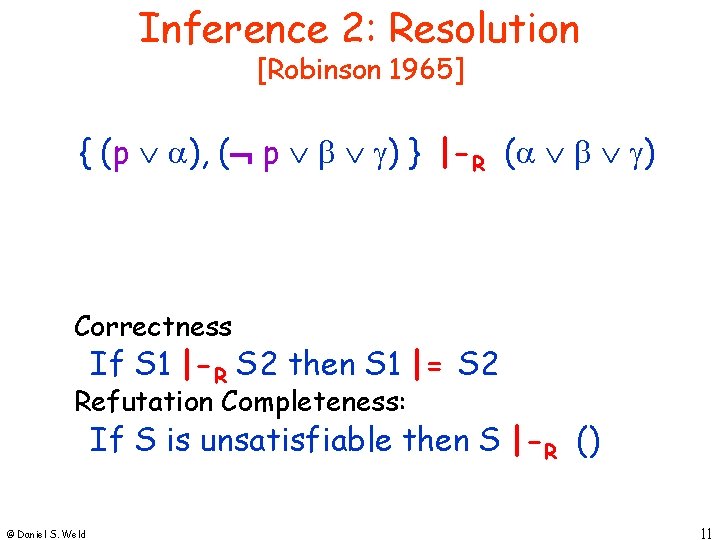 Inference 2: Resolution [Robinson 1965] { (p ), ( p ) } |-R (