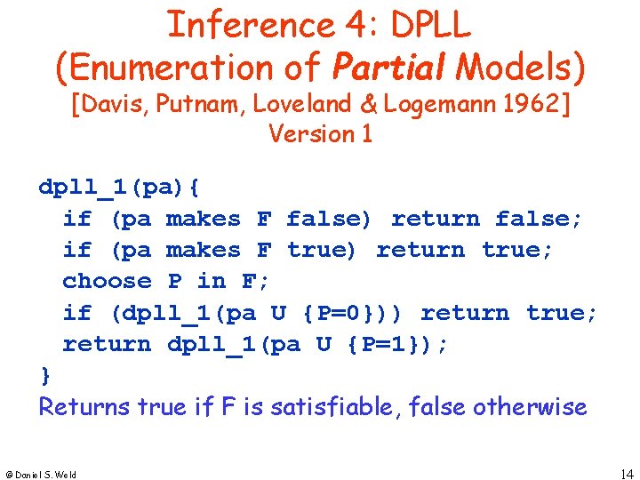 Inference 4: DPLL (Enumeration of Partial Models) [Davis, Putnam, Loveland & Logemann 1962] Version