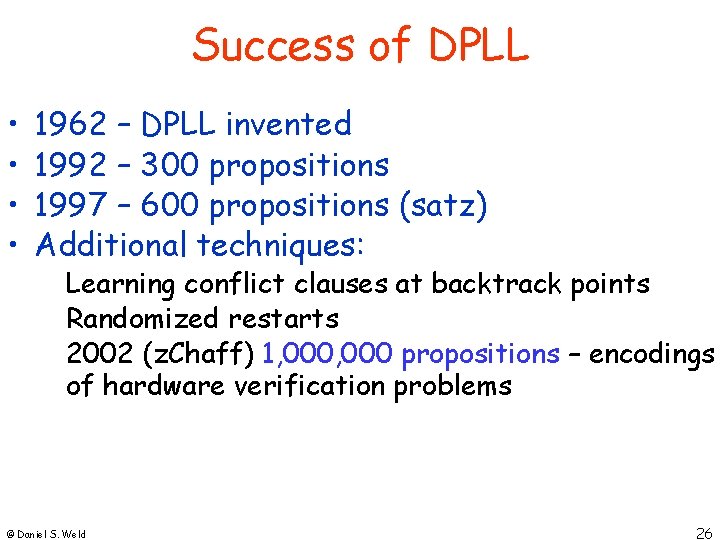 Success of DPLL • • 1962 – DPLL invented 1992 – 300 propositions 1997