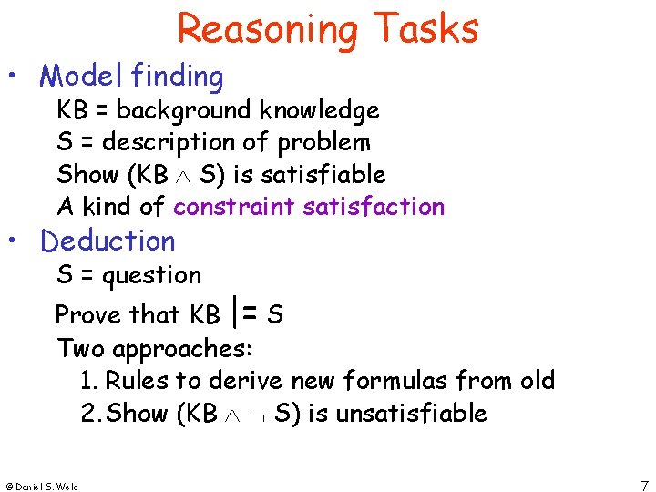 Reasoning Tasks • Model finding KB = background knowledge S = description of problem