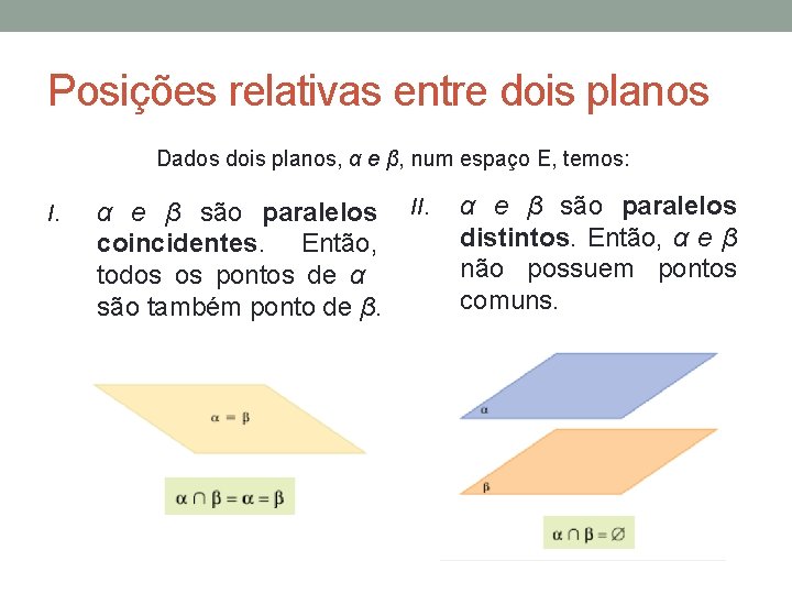 Posições relativas entre dois planos Dados dois planos, α e β, num espaço E,