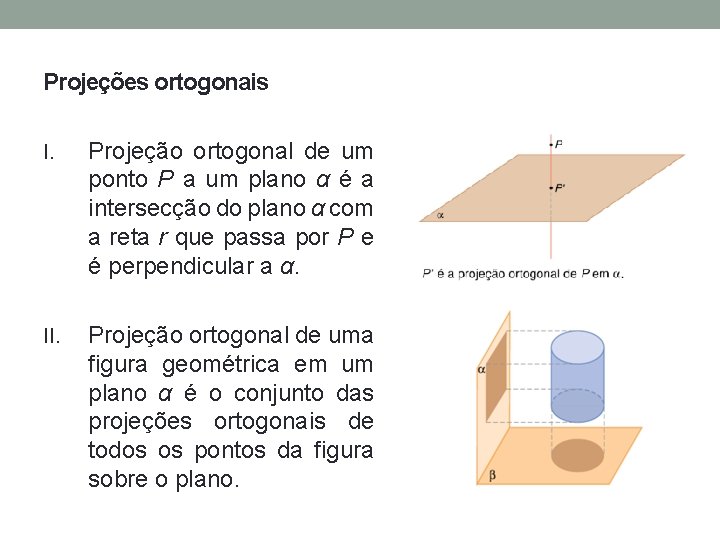 Projeções ortogonais I. Projeção ortogonal de um ponto P a um plano α é