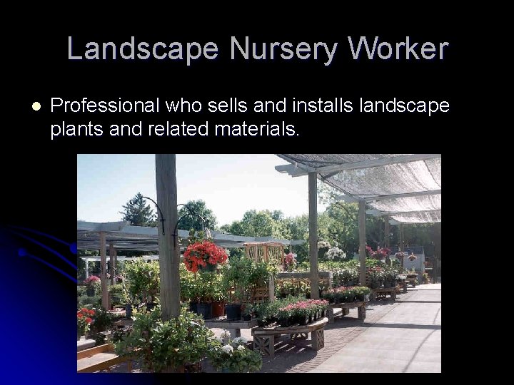Landscape Nursery Worker l Professional who sells and installs landscape plants and related materials. Landscape Nursery Worker l Professional who sells and installs landscape plants and related materials.
