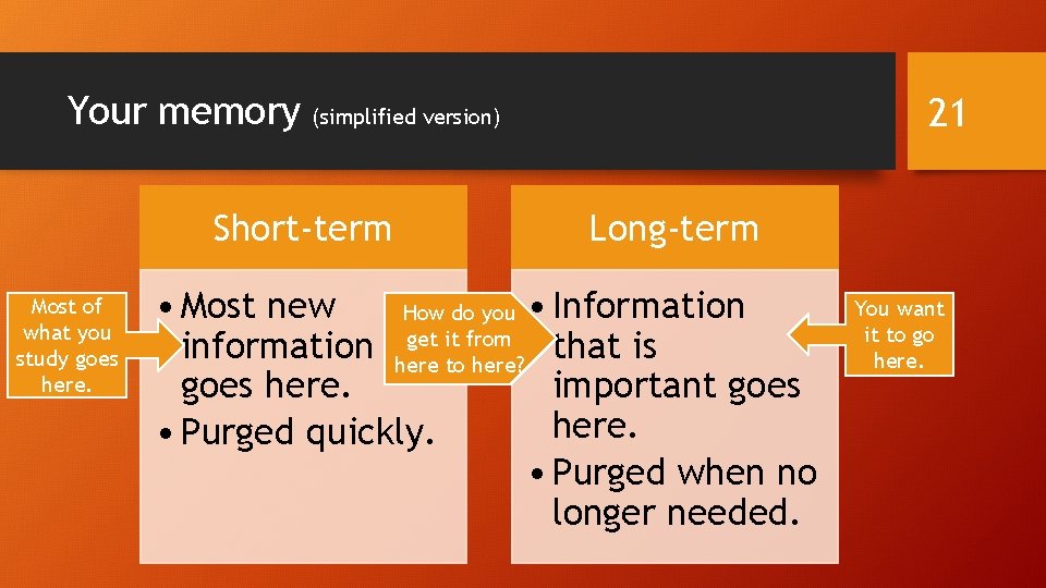 Your memory Short-term Most of what you study goes here. 21 (simplified version) Long-term