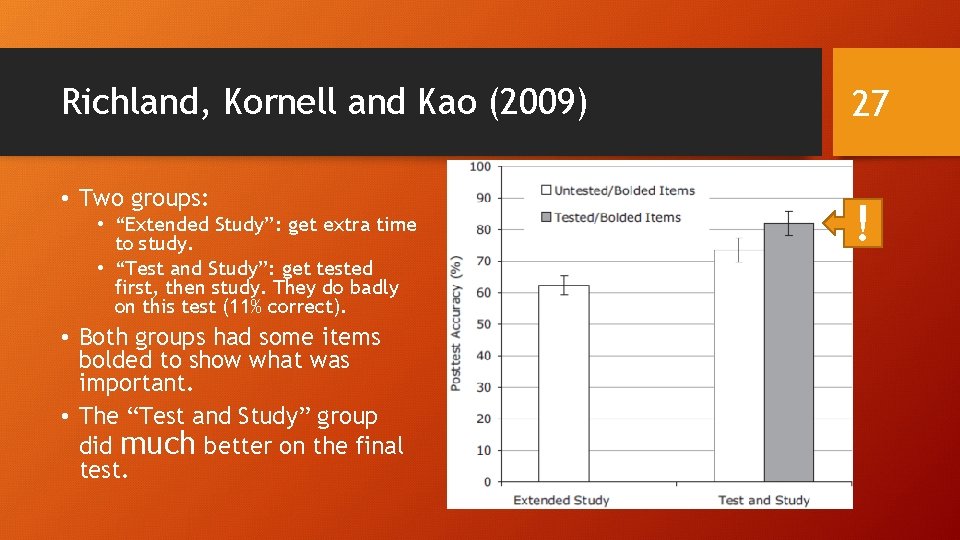Richland, Kornell and Kao (2009) • Two groups: • “Extended Study”: get extra time