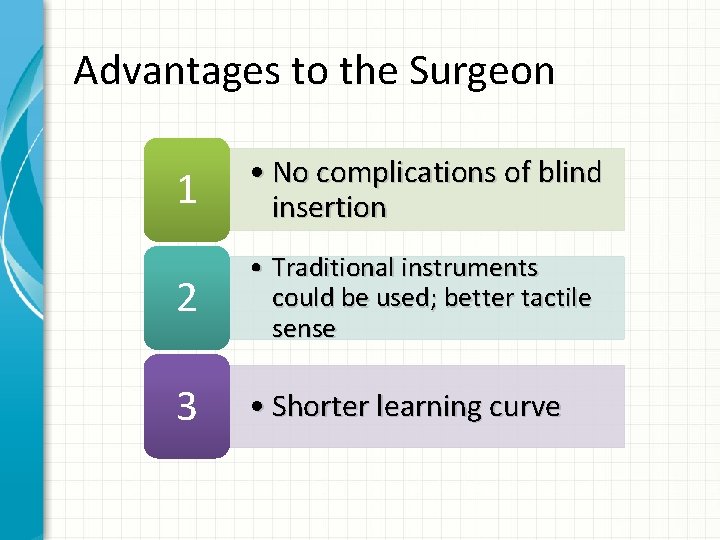 Advantages to the Surgeon 1 • No complications of blind insertion 2 • Traditional