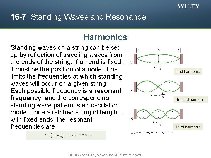 16 -7 Standing Waves and Resonance Harmonics Standing waves on a string can be