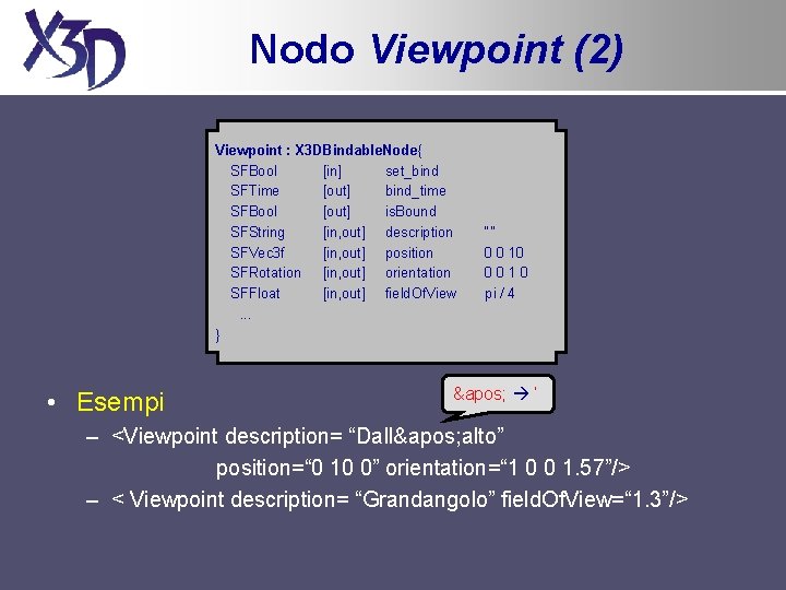 Nodo Viewpoint (2) Viewpoint : X 3 DBindable. Node{ SFBool [in] set_bind SFTime [out]