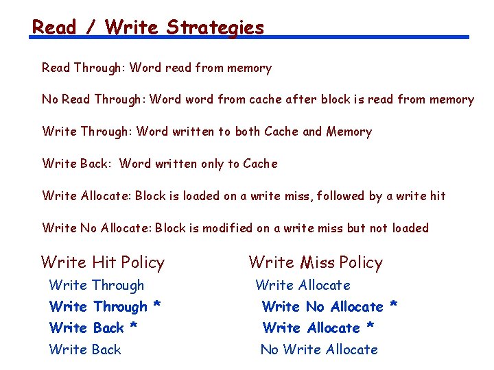 Read / Write Strategies Read Through: Word read from memory No Read Through: Word