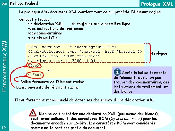 par Philippe Poulard Prologue XML Fondamentaux XML Le prologue d'un document XML contient tout