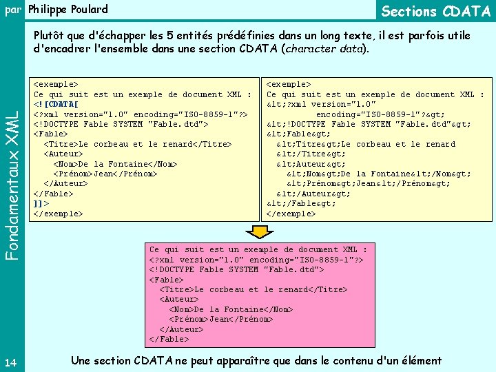 Sections CDATA par Philippe Poulard Fondamentaux XML Plutôt que d'échapper les 5 entités prédéfinies