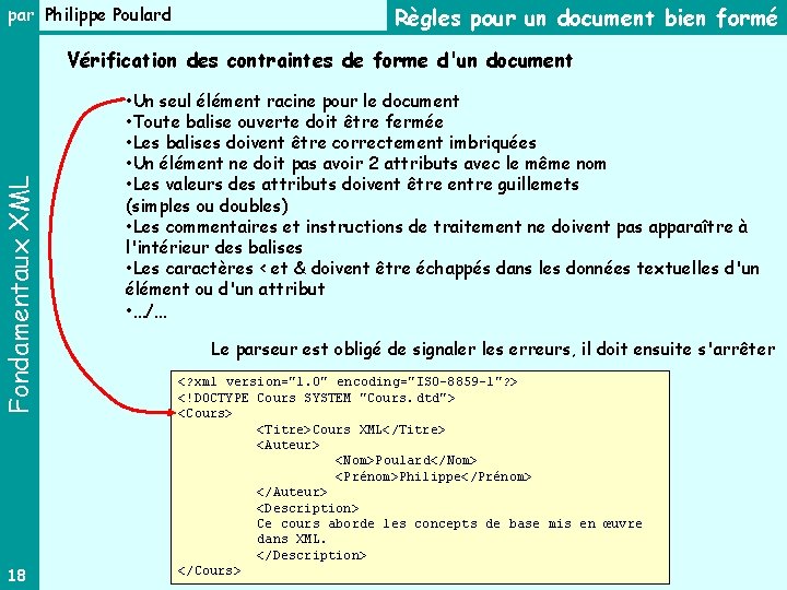 par Philippe Poulard Règles pour un document bien formé Fondamentaux XML Vérification des contraintes