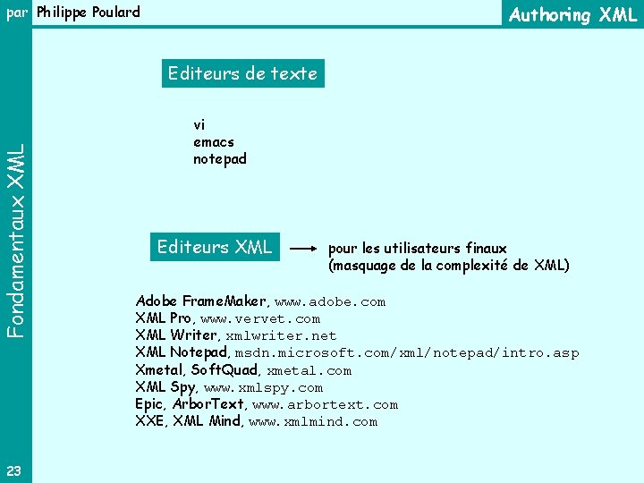 Authoring XML par Philippe Poulard Fondamentaux XML Editeurs de texte 23 vi emacs notepad