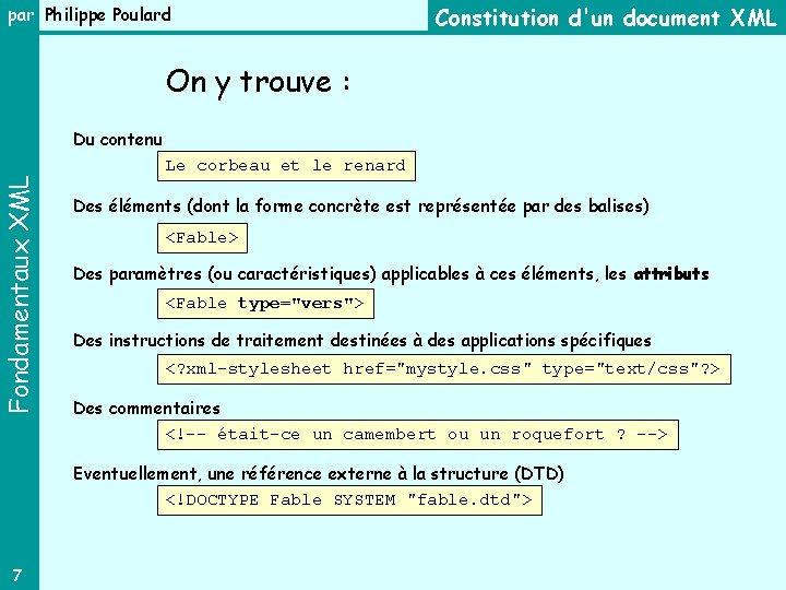 par Philippe Poulard Constitution d'un document XML On y trouve : Fondamentaux XML Du