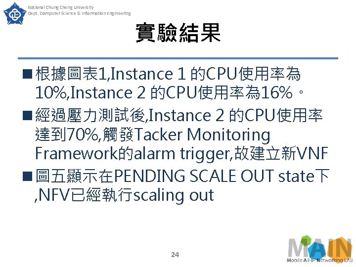 National Chung Cheng University Dept. Computer Science & Information Engineering 實驗結果 n 根據圖表 1, National Chung Cheng University Dept. Computer Science & Information Engineering 實驗結果 n 根據圖表 1,