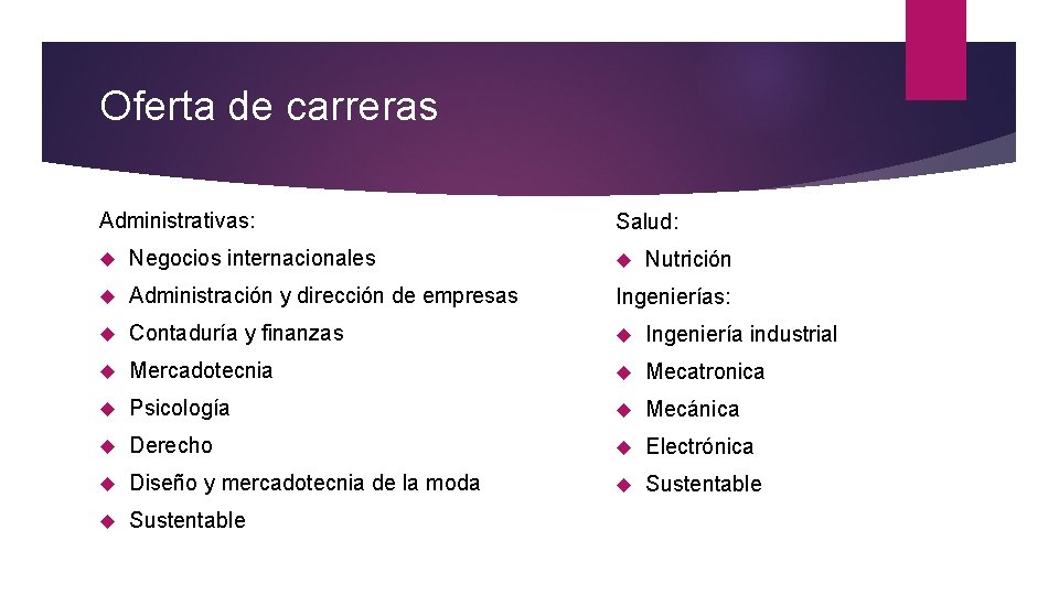 Oferta de carreras Administrativas: Salud: Negocios internacionales Administración y dirección de empresas Ingenierías: Contaduría