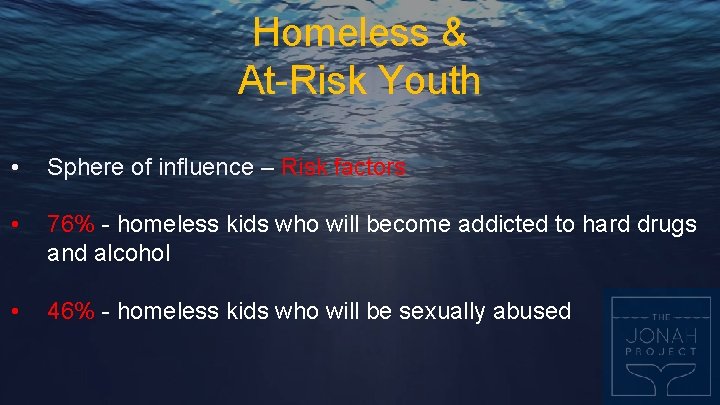 Homeless & At-Risk Youth • Sphere of influence – Risk factors • 76% -