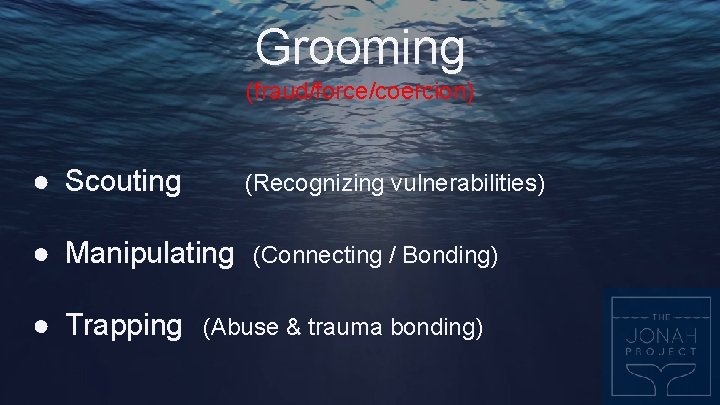 Grooming (fraud/force/coercion) ● Scouting (Recognizing vulnerabilities) ● Manipulating ● Trapping (Connecting / Bonding) (Abuse