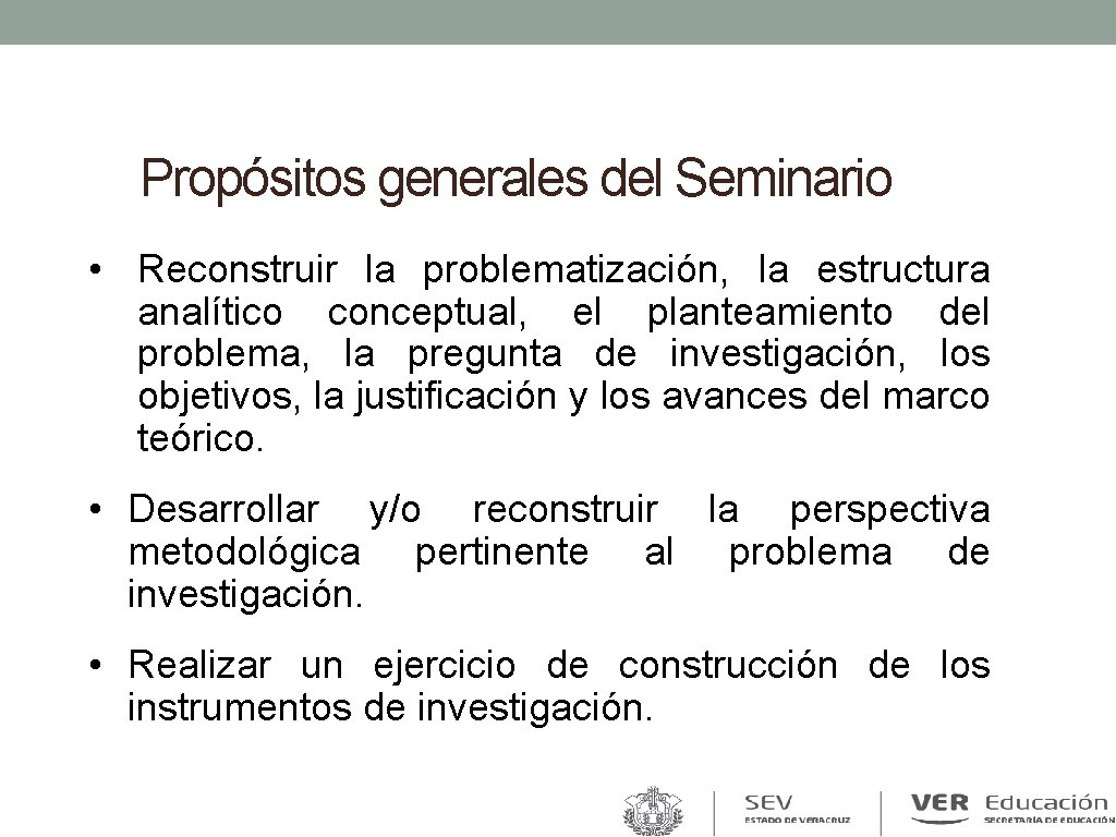 Propósitos generales del Seminario • Reconstruir la problematización, la estructura analítico conceptual, el planteamiento