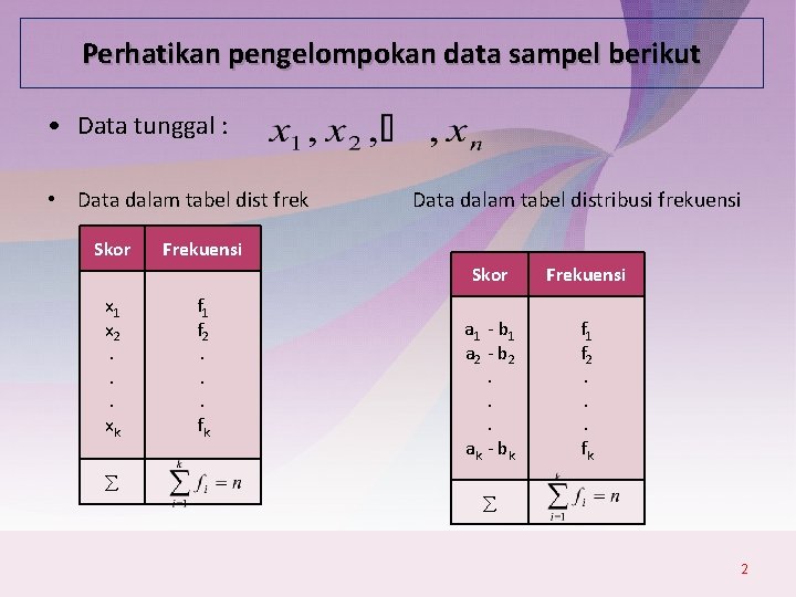Perhatikan pengelompokan data sampel berikut • Data tunggal : • Data dalam tabel dist