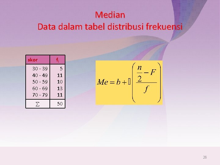 Median Data dalam tabel distribusi frekuensi skor 30 - 39 40 - 49 50