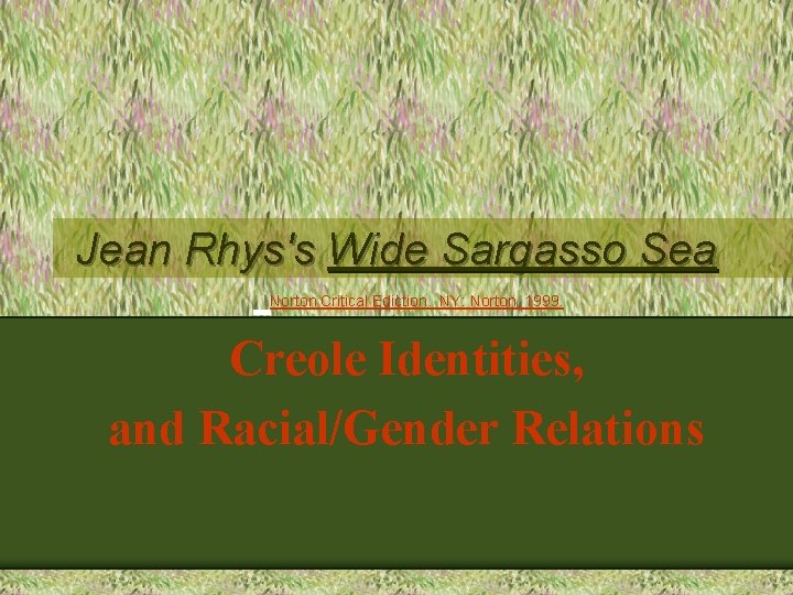 Jean Rhys's Wide Sargasso Sea Norton Critical Ediction. NY: Norton, 1999. Creole Identities, and