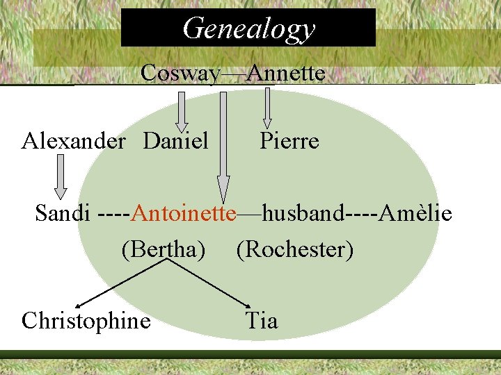 Genealogy Cosway—Annette Alexander Daniel Pierre Sandi ----Antoinette—husband----Amèlie (Bertha) (Rochester) Christophine Tia 