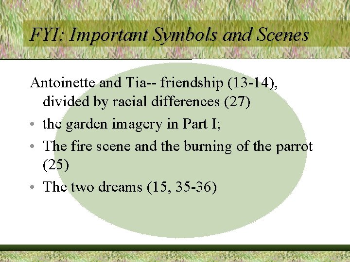 FYI: Important Symbols and Scenes Antoinette and Tia-- friendship (13 -14), divided by racial