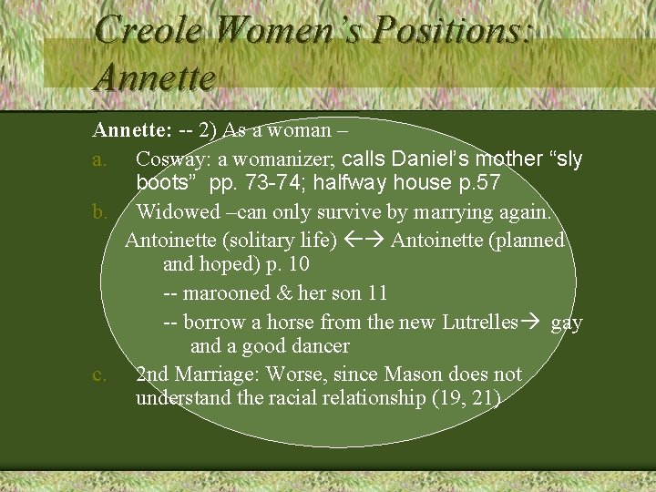 Creole Women’s Positions: Annette: -- 2) As a woman – a. Cosway: a womanizer;