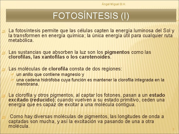 Ángel Miguel B. H. FOTOSÍNTESIS (I) La fotosíntesis permite que las células capten la